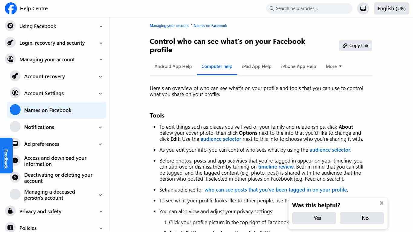 Control who can see what's on your Facebook profile | Facebook Help Centre