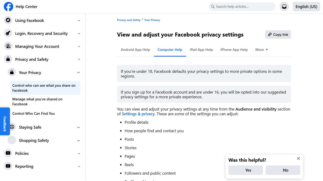 View and adjust your Facebook privacy settings | Facebook Help Center